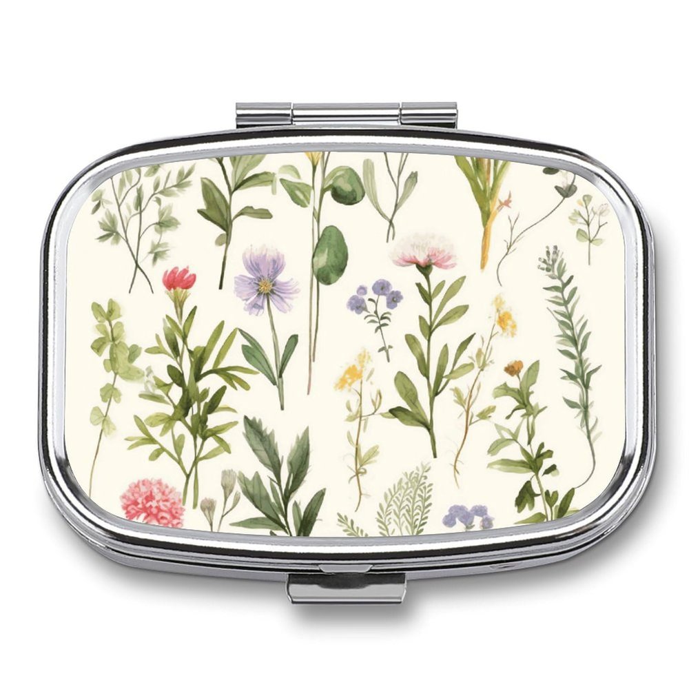 BWQJKUO Portable Square Metal Season Watercolors of Herbs Flowersb Printed Medicine Box - Durable And Waterproof Intimate Medical Companion
