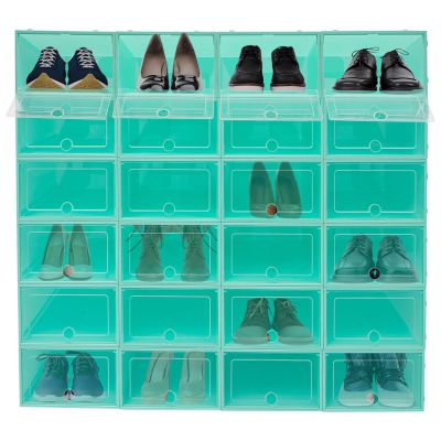 24 Pack Stackable Shoe Boxes with Clear Lids - Foldable Shoe Storage Organizer for Closet Cabinet, Color Options for Sneakers Flats Home Organization (Emerald Green)