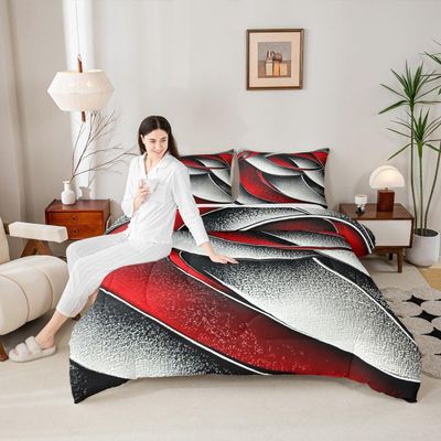 Manfei Geometric Patchwork Kids Comforter Set Twin Size,Abstract Stripe Line Geometric Bedding Set,Girls Boys Room Decor,Modern Fashion Artwork Quilt Comforter,Red Black Grey Duvet Insert,1 Pillowcase