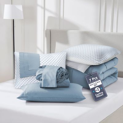 Nestl 7 Piece Twin Comforter Set  Stone Blue Reversible Bed in a Bag  Complete Twin Size Bedding Set with Sheets, Set of 2 Cooling Pillows, Pillowcase and Sham