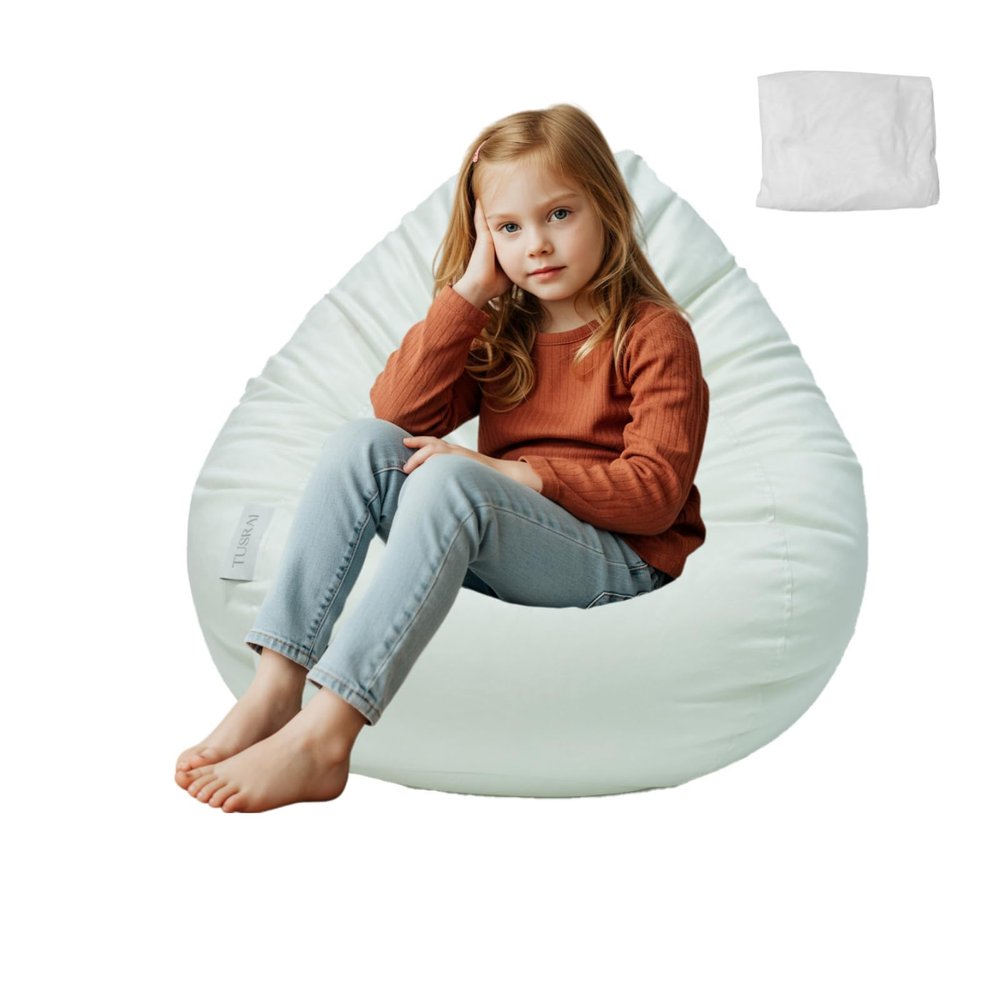 Tusrai Bean Bag Cover with Liner Only Washable Ultra Soft Stretch Faux Suede Velvety Bean Bag Chair Cover for Teens and Childrens (No Filler) Pear Style Medium - Cream White