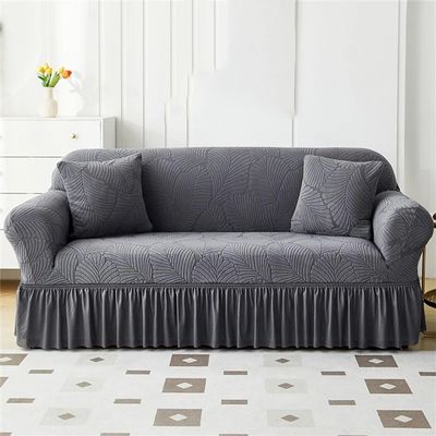 1/2/3/4 Seater Sofa Cover with Skirt Tree Leaves Jacquard Elastic All-Inclusive Sofa Cover for Living Room Dark Gray Small
