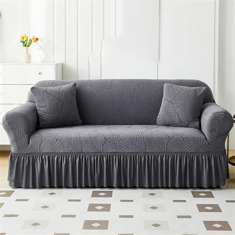 1/2/3/4 Seater Sofa Cover with Skirt Tree Leaves Jacquard Elastic All-Inclusive Sofa Cover for Living Room Dark Gray Small