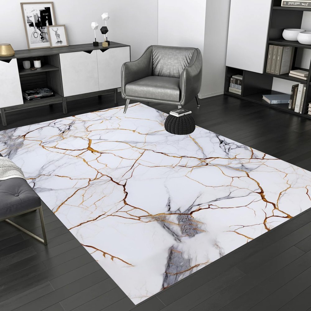 Modern Marble Design Area Rug Ultra Soft Light Grey Gold Living Room Bedroom Rugs Low Pile Easy Clean Washable Carpet for Dining Room Home Office Playroom Large Indoor Mat 9x12