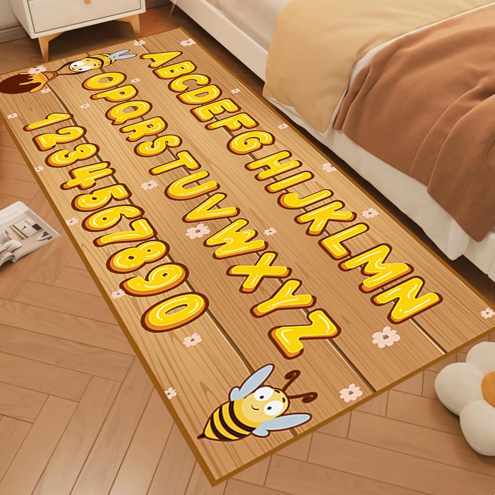 Yellow Bee Rugs for Kids Bedroom, 2x7ft, Cartoon Cute Little Bee Wood Grain Number ABC Alphabet Area Rug, Easy-Washing Children's Educational Carpet for Toddlers 1-6 Boys Girls