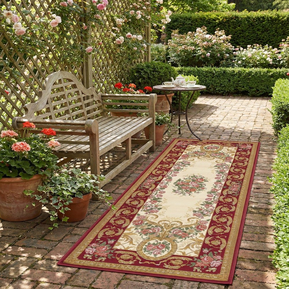 Rugs.com - Outdoor Traditional Rug 6 Ft Runner Burgundy Red and Ivory Indoor/Outdoor Rug Weather Resistant Washable Flatweave for Patios, Decks, and Porches