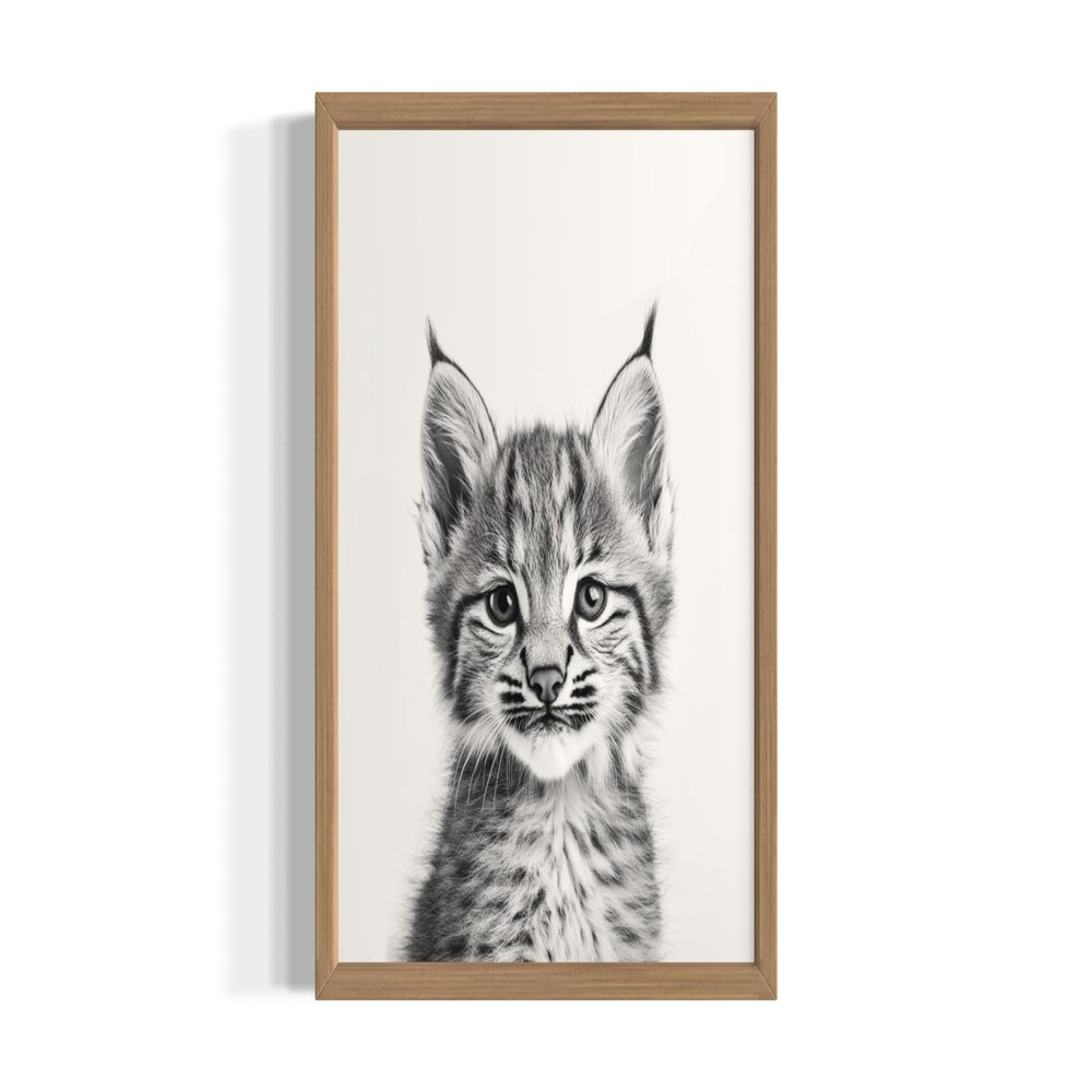 Bobcat Wall Art Print Poster, Cute Animal Black and White Picture Painting Nature Kids Children's Room Nursery Bathroom Play Room 159A (Bobcat, 16 x 20 inches, Wood Frame)