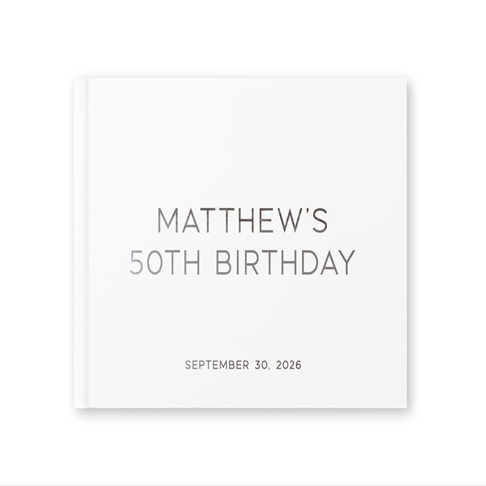 Birthday Party Guest Book, Personalized Birthday Guestbook, 50th Birthday Party Photo Album, Clean Design, 40th 60th 70th Birthday Gift - White Silver (10x8)