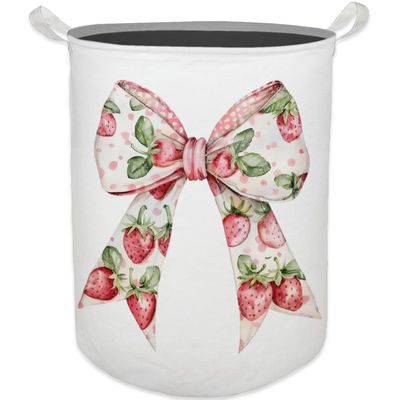 HKTZM Coquette Bow Strawberry Laundry Basket, Toybox for Girls, Cute Strawberry Laundry Basket Hamper Waterproof Collapsible Clothes Toys Storage Bin Organizer for Bedroom Bathroom Girls Room Dorm