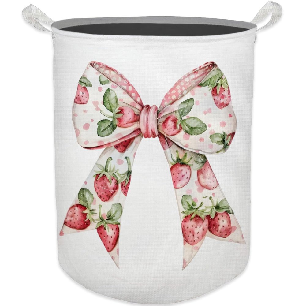 HKTZM Coquette Bow Strawberry Laundry Basket, Toybox for Girls, Cute Strawberry Laundry Basket Hamper Waterproof Collapsible Clothes Toys Storage Bin Organizer for Bedroom Bathroom Girls Room Dorm