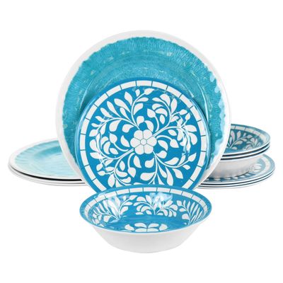 12 Piece Melamine Dinnerware Set for 4 Lightweight Unbreakable Plates and Bowls in Teal and Blue Outdoor Indoor Dinnerware for Camping, Patio & Everyday Use (Teal)