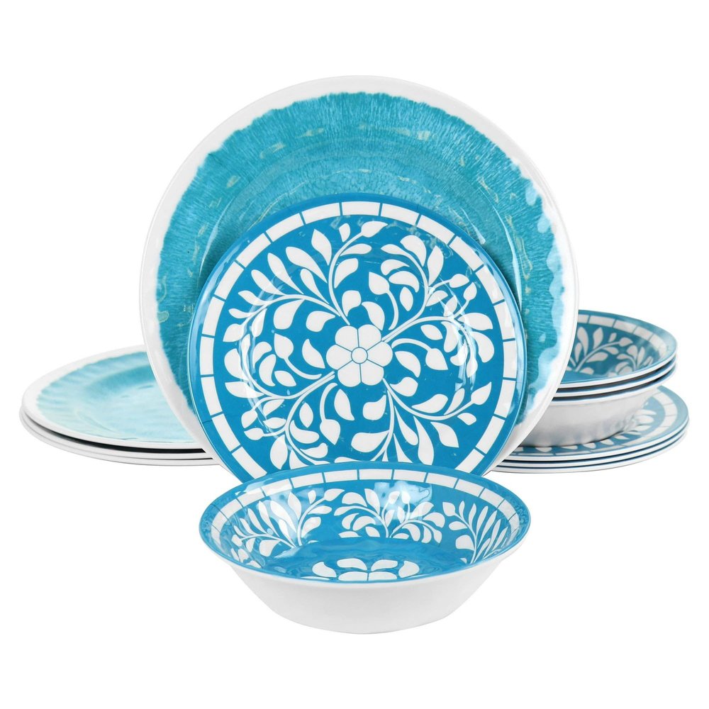12 Piece Melamine Dinnerware Set for 4 Lightweight Unbreakable Plates and Bowls in Teal and Blue Outdoor Indoor Dinnerware for Camping, Patio & Everyday Use (Teal)