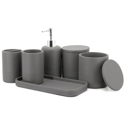 ZCCZ Gray Bathroom Accessories Set 6 Pieces - Toothbrush Holder, Lotion Dispenser, Qtip Container, Vanity Tray, Tumbler - Countertop Organizer for Bathrooms - Elegant and Functional Dcor Set