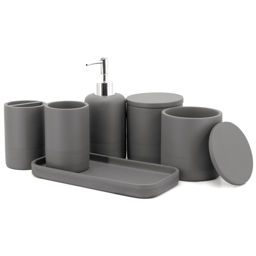 ZCCZ Gray Bathroom Accessories Set 6 Pieces - Toothbrush Holder, Lotion Dispenser, Qtip Container, Vanity Tray, Tumbler - Countertop Organizer for Bathrooms - Elegant and Functional Dcor Set