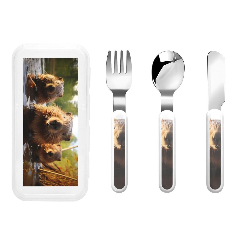 beaver working1 print Forks and Spoons Knifes Set,Safe Flatware Setasy Grip Handles, 304 Stainless Utensils