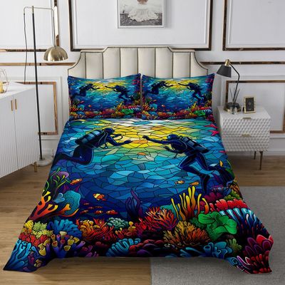 Erosebridal Diving Bedding Set King Size,Sports Theme Quilted for Kids Boys,Fantasy Sport Ocean Adventure Coverlet Set,Watercolor Undersea Coral Stained Glass Quilted Coverlet with 2 Pillow Cases