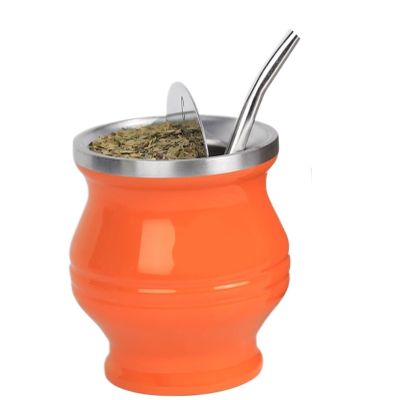 304 Stainless Steel Mate Cup Double Wall Portable Tea Mug Mate Gourd With Drinking Straw And Cleaning Brush(Orange)