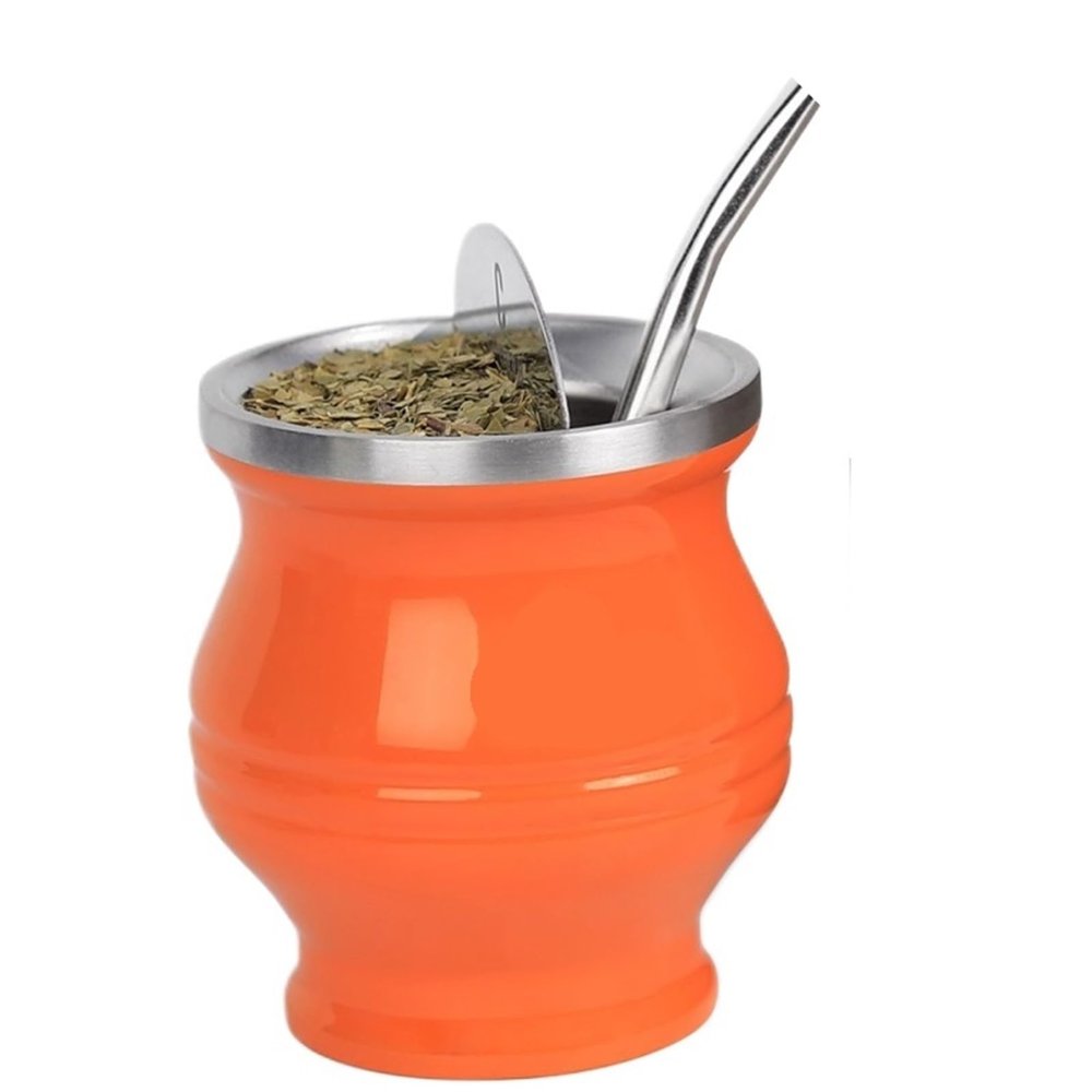 304 Stainless Steel Mate Cup Double Wall Portable Tea Mug Mate Gourd With Drinking Straw And Cleaning Brush(Orange)