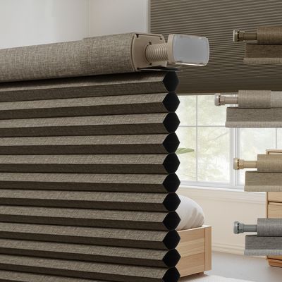 Boolegon No Drill No Tools Cellular Shades Cordless Linen Texture Wrapped Honeycomb Blinds for Indoor Windows Blackout Blinds for Bedroom Living Room, Blackout Light Brown, 54.5" W x 72" H