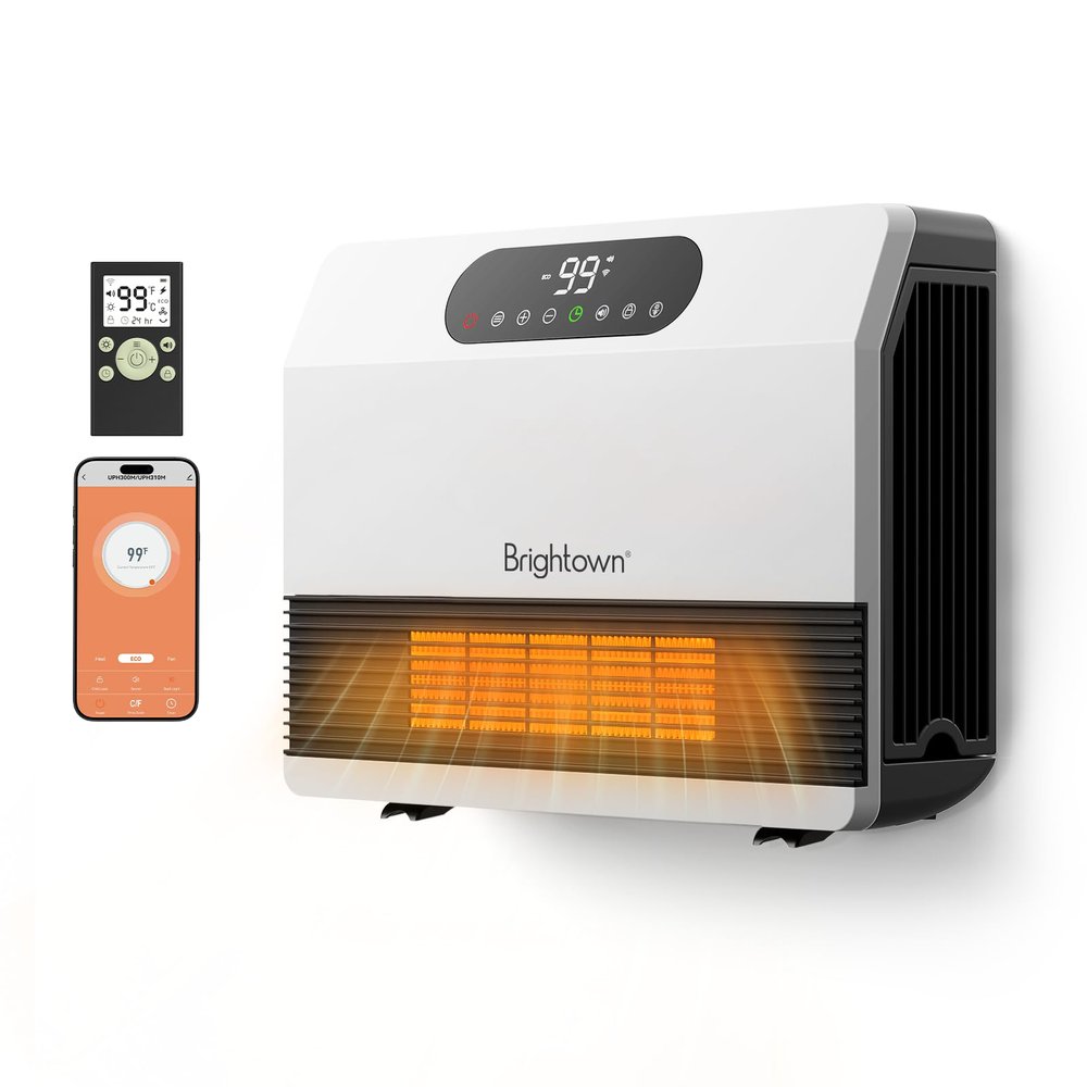 Brightown Wall Heater, Heater for Indoor Use 1500W, 5 Optional Modes, Adjustable Thermostat, Easy Mount Home Space Heater for Bedroom Bathroom with Remote Control, 12H Timer, Works with Alexa, White