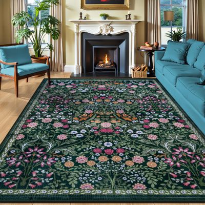 10x12 Area Rugs for Living Room: Floral Washable Rug Vintage Large Soft Boho Non-Slip Carpet Stain Resistant Low Pile Carpets for Bedroom Dining Room Farmhouse Nursery Hallway Home Office Dark Green