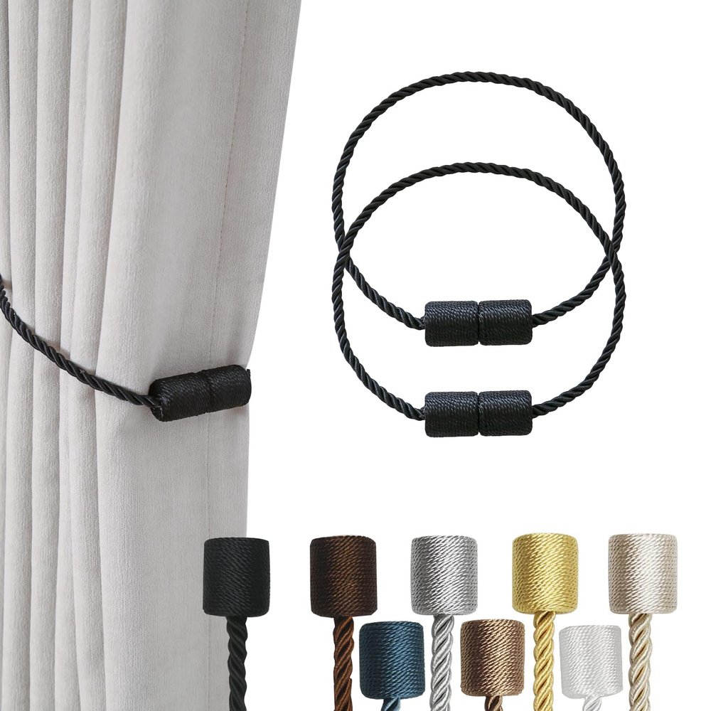 2 Pack Black Magnetic Curtain Tiebacks Strong Hold, Tangle-Free Rope Design, Decorative & Easy-to-Use Drapery Holders for All Curtain Styles