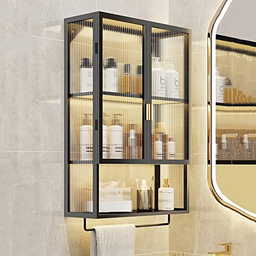 Bathroom Wall Cabinet,Metal Medicine Cabinet with Glass Door,Bathroom Cabinet Wall Mounted with Towel Bar,Over The Toilet Storage Cabinet, No Perforation Required