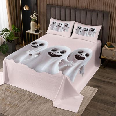 jejeloiu 3D Cute Ghost Bedspread King Size Kids Kawaii Halloween Theme Coverlet Set for Boys Girls Cartoon Lovely Pink White Quilted Coverlet Room Decor