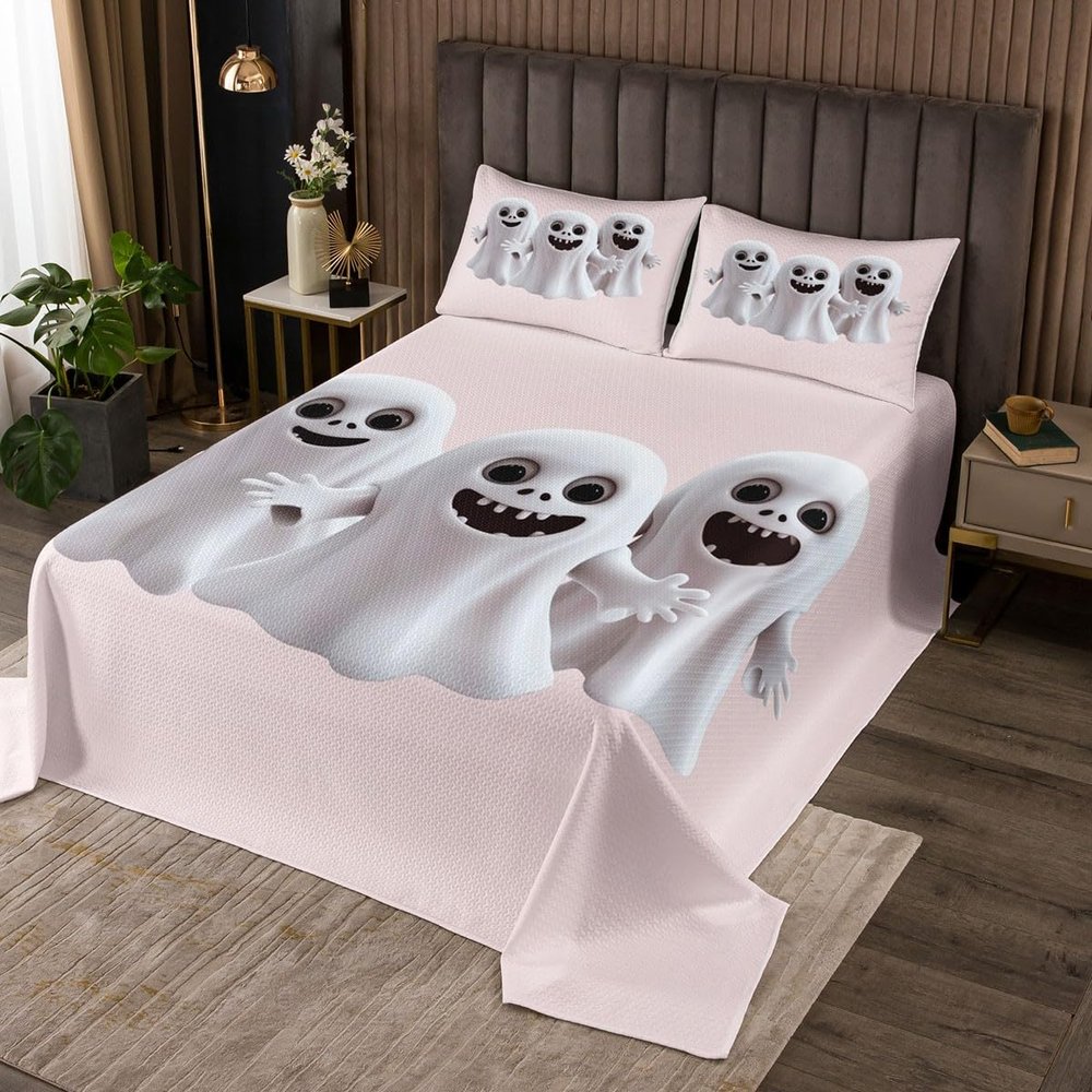 jejeloiu 3D Cute Ghost Bedspread King Size Kids Kawaii Halloween Theme Coverlet Set for Boys Girls Cartoon Lovely Pink White Quilted Coverlet Room Decor
