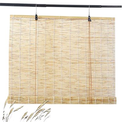 Natural Bamboo Roller Blinds for Windows, Bamboo Shades Outdoor Roller Blinds Sun Protection and Waterproof, Roll Up Shades for Porch Suitable for Indoor and Outdoor Cordless(White line,68"W x 60"H)