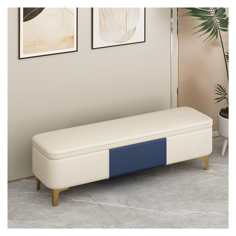 DFEDHF Modern Faux Leather Entryway Storage Bench with Golden Legs Bedroom Ottoman End of Bed Bench Upholstered Bench for Bedroom Foot of Bed Bench, White-120 * 40 * 40cm