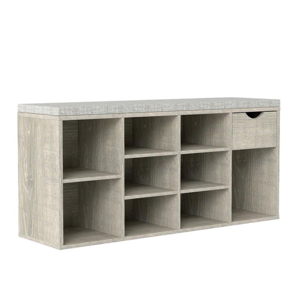BKNROIHB Multifunctional Shoe Bench with Padded Cushion, Drawer, and Open Compartments - Entryway Storage Bench with 3 Tier Shoe Rack