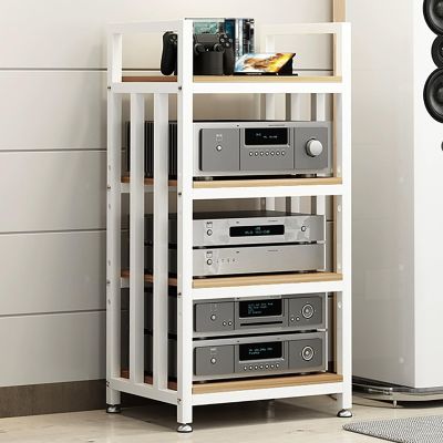 4-Tier Audio Rack - Multifunctional AV Media Stand, 50x40x100 cm, Entertainment Shelf for Gaming & Recording, Open Stereo Cabinet, Durable Steel Frame (White & Natural Finish)