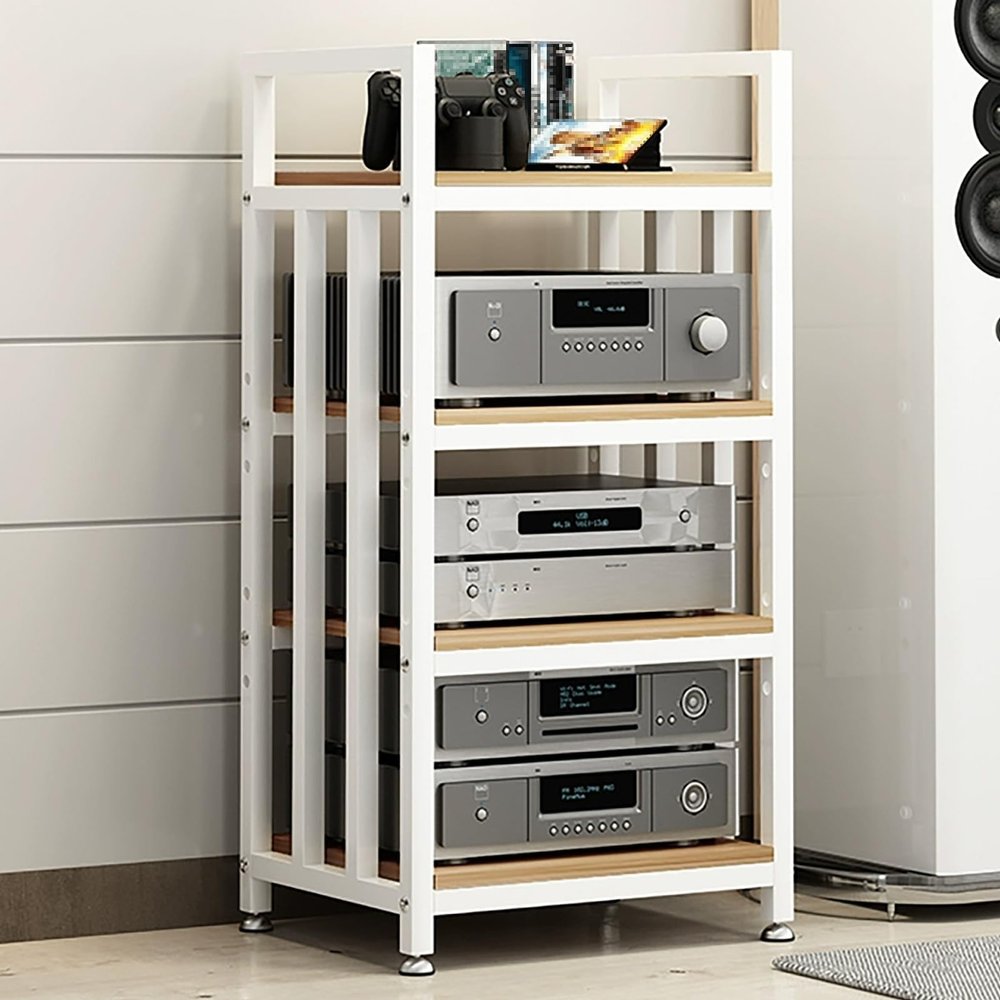 4-Tier Audio Rack - Multifunctional AV Media Stand, 50x40x100 cm, Entertainment Shelf for Gaming & Recording, Open Stereo Cabinet, Durable Steel Frame (White & Natural Finish)