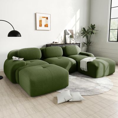 117.3" U-Shaped Cloud Couch Modular Sectional Sofa - Boneless Deep Seat 3-Seater with 2 Movable Ottomans, No Assembly, Corduroy Upholstery Couches for Living Room (Green)