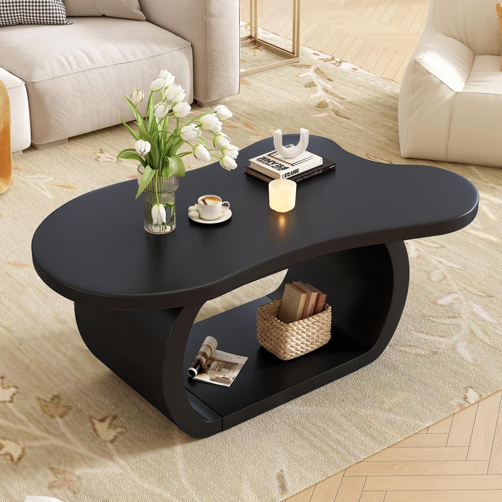39.3'' Modern Cloud Coffee Table,Irregular End Table with 1.5'' Thick Top & Curved Legs,Unique Round Edge Accent Tables for Living Room, Apartment,or Office,Easy Assembly,Black