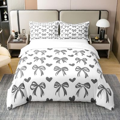 100% Cotton Bowknot Comforter Cover King Size, Love Heart Bedding Set for Kids Girls Lady Children Teens Women Bedroom, Girly Princess Bow Duvet Cover Bow Knot Kawaii Decor Quilt Cover,Grey White