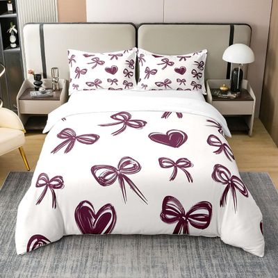 100% Cotton Bowknot Comforter Cover Twin Size, Bow Knot Bedding Set for Kids Girls Lady Teens Women Bedroom Decor, Butterfly Knot Princes Duvet Cover Girly Bow Kawaii Decor Bedspread Cover 2 Piece