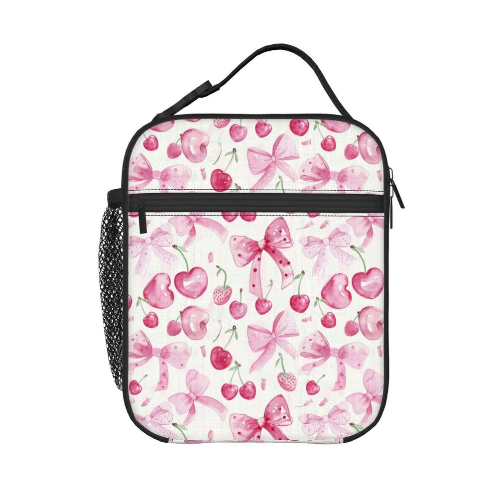 PrelerDIY Pink Bows Cherries Lunch Box - Insulated Lunch Bags for Boys/Girls/Women/Men Detachable Handle Lunchbox Meal Tote Bag