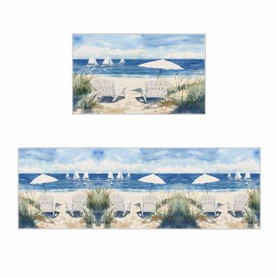2 Pieces Kitchen Rugs and Mats,Watercolor Beach Chair Grass Sun Umbrella Area Runner Rug Set Non Slip Floor Doormat Washable Carpet Standing Mat for Kitchen Sink Indoor Corridor,Coastal Sea Boat