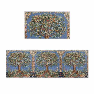 2 Pieces Kitchen Rugs and Mats,Vintage Colorful Flower Tree Area Runner Rug Set Non Slip Floor Doormat Washable Carpet Standing Mat for Kitchen Sink Indoor Corridor,Natural Botanical Plant on Blue