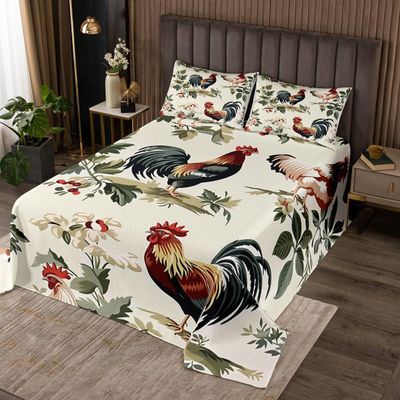 Erosebridal Cock Coverlet Set King Size Rooster Bedspread for Kids Girls Boys Peony Floral Branches Rustic Farmhouse Beige Yellow Quilted Coverlet Soft Luxury Quilted
