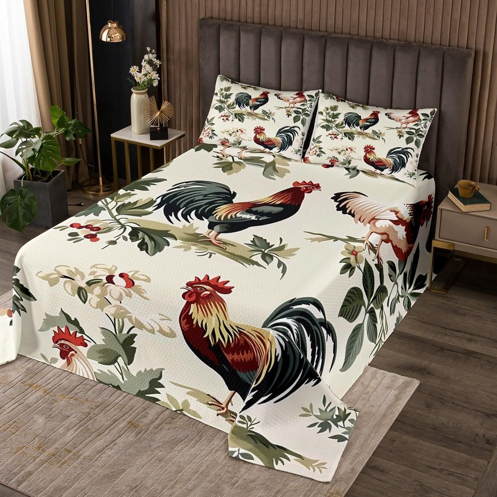 Erosebridal Cock Coverlet Set King Size Rooster Bedspread for Kids Girls Boys Peony Floral Branches Rustic Farmhouse Beige Yellow Quilted Coverlet Soft Luxury Quilted