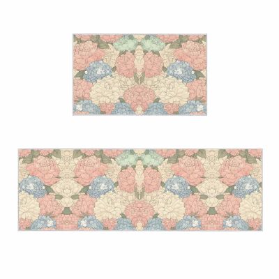 2 Pieces Kitchen Rugs and Mats,Summer Colorful Hydrangea Botanical Area Runner Rug Set Non Slip Floor Doormat Washable Carpet Standing Mat for Kitchen Sink Indoor Corridor,Modernism Watercolor Floral