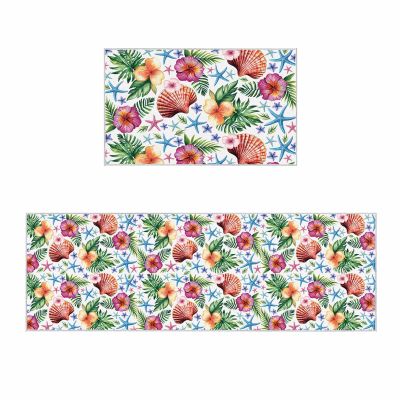 2 Pieces Kitchen Rugs and Mats,Watercolor Flower Palm Leaf Area Runner Rug Set Non Slip Floor Doormat Washable Carpet Standing Mat for Kitchen Sink Indoor Corridor,Marine Creature Starfish Shell