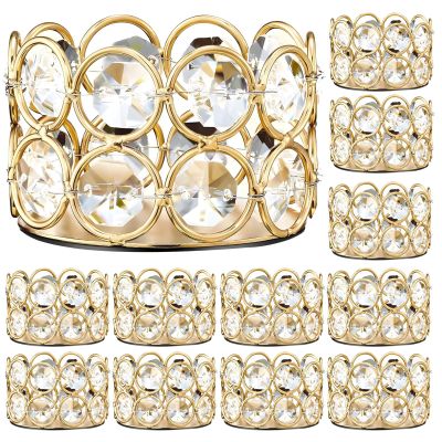 12 Pcs Elegant Crystal Tealight Candle Holders with Golden Frame and Rhinestones