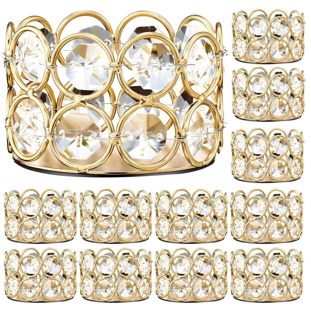 12 Pcs Elegant Crystal Tealight Candle Holders with Golden Frame and Rhinestones