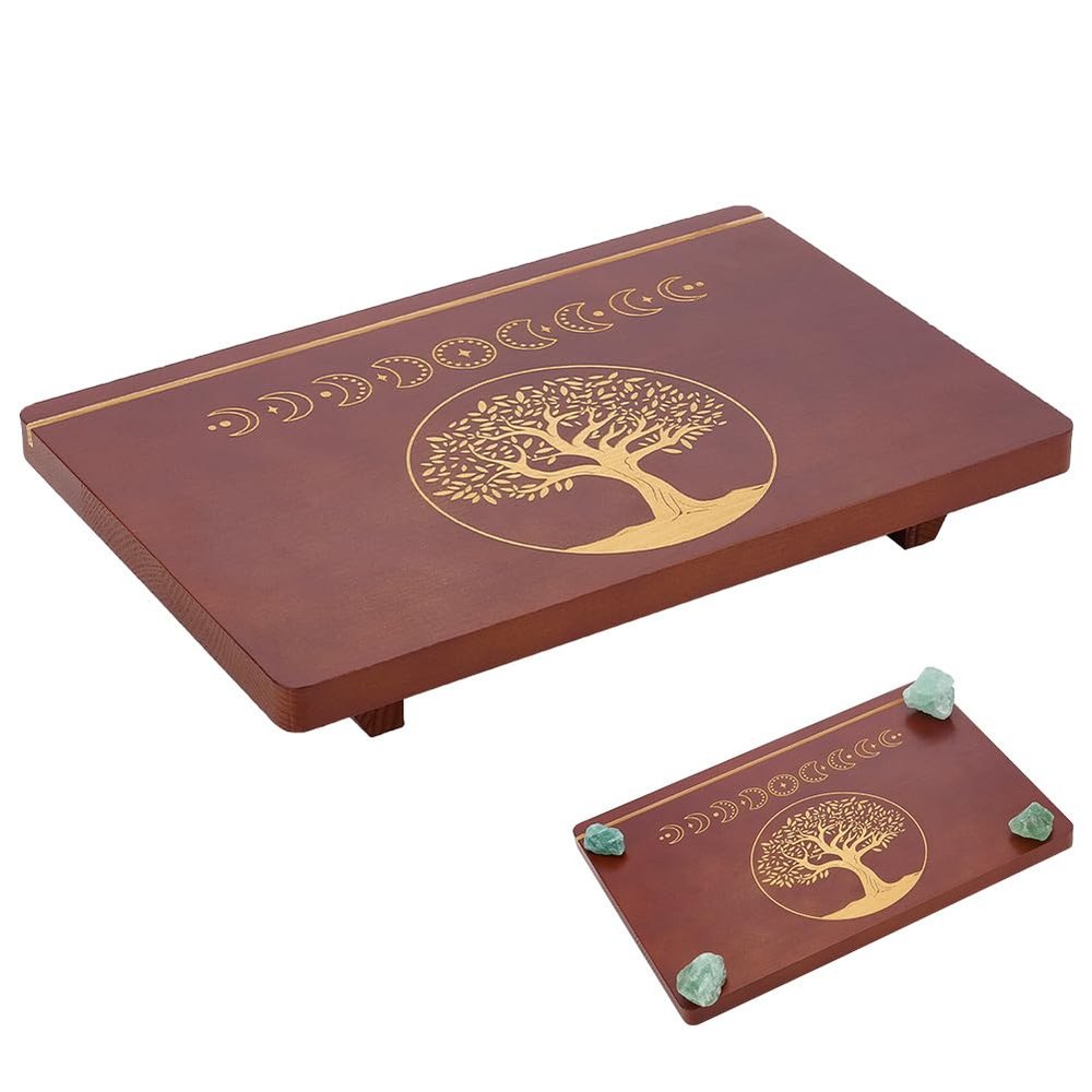 FINGERINSPIRE Wooden Tarot Card Display Stand 12x8x1.85inch Pine Wood Tarot Holder with Tree of Life Carving, Saddle Brown Meditation Table for Divination, Small Witch Altar & Spiritual Decoration