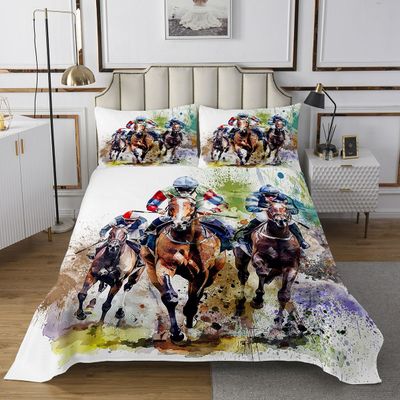 Manfei Horse Race Quilt Bedding Set King,Watercolor Competitive Scene Coverlet Bedspread,Sport Game Boys Men Lightweight Bedding Bed Cover,Western Cowboys Bedspread Set (1 Quilt+ 2 Shams)