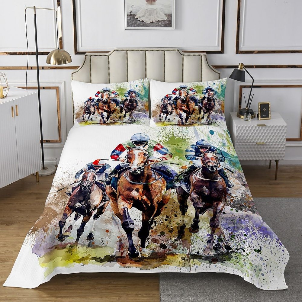 Manfei Horse Race Quilt Bedding Set King,Watercolor Competitive Scene Coverlet Bedspread,Sport Game Boys Men Lightweight Bedding Bed Cover,Western Cowboys Bedspread Set (1 Quilt+ 2 Shams)